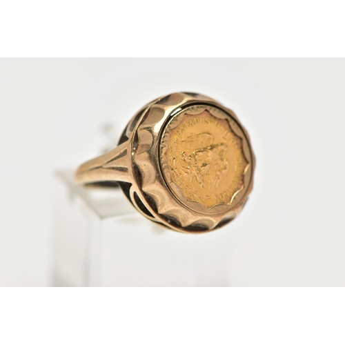 5 - A 9CT GOLD MEXIAN COIN RING, a 1945 Dos Pesos Mexican coin set within a domed yellow gold mount, ope... 