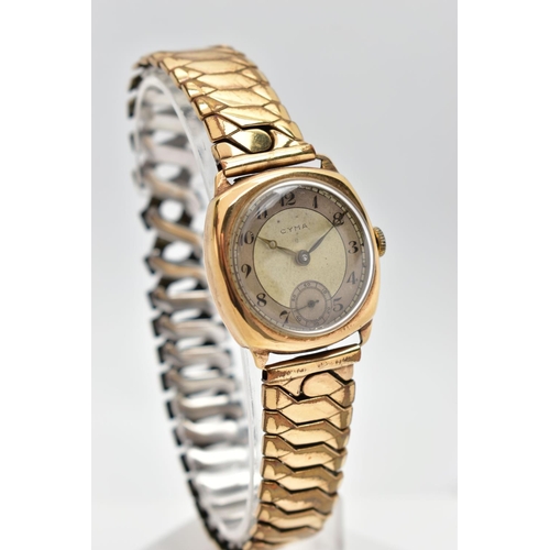 51 - A 9CT GOLD 'CYMA' WRISTWATCH, manual wind, round silver dial signed 'Cyma', Arabic numerals, subsidi... 