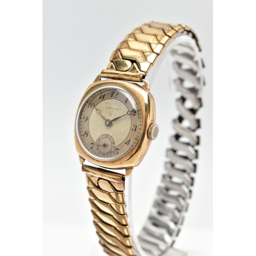 51 - A 9CT GOLD 'CYMA' WRISTWATCH, manual wind, round silver dial signed 'Cyma', Arabic numerals, subsidi... 