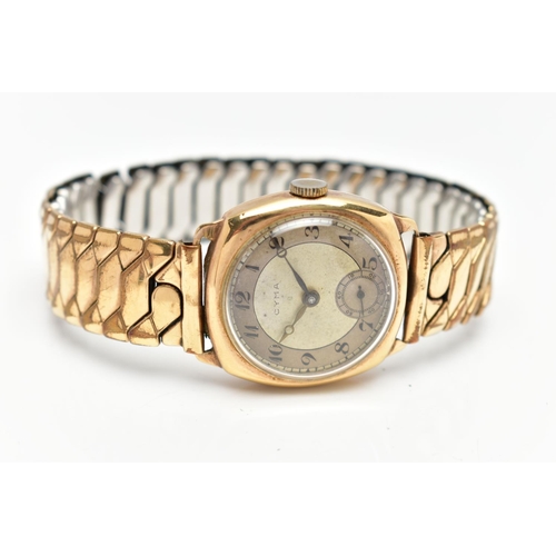 51 - A 9CT GOLD 'CYMA' WRISTWATCH, manual wind, round silver dial signed 'Cyma', Arabic numerals, subsidi... 