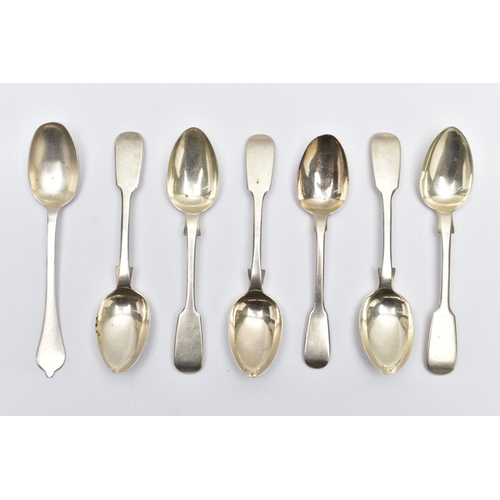 53 - A PARCEL OF SILVER TEASPOONS, to include five early Victorian fiddle pattern teaspoons, each plain p... 