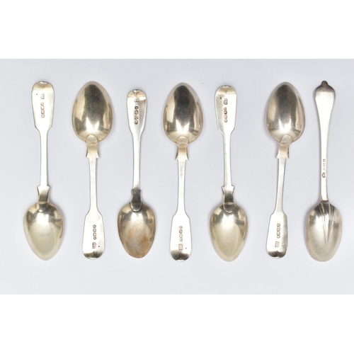 53 - A PARCEL OF SILVER TEASPOONS, to include five early Victorian fiddle pattern teaspoons, each plain p... 