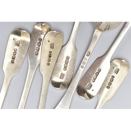 53 - A PARCEL OF SILVER TEASPOONS, to include five early Victorian fiddle pattern teaspoons, each plain p... 