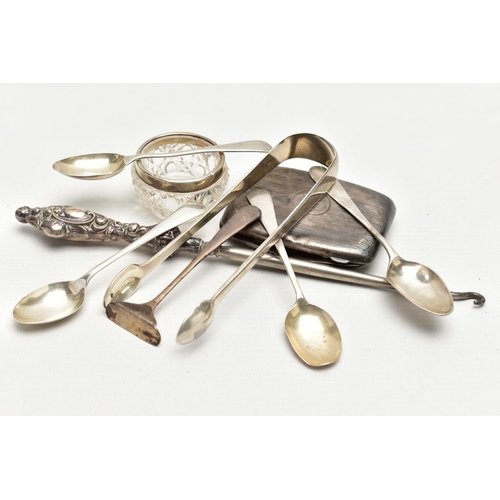 54 - A SELECTION OF SILVER ITEMS, to include an AF silver cigarette case, badly damaged and dented, engin... 