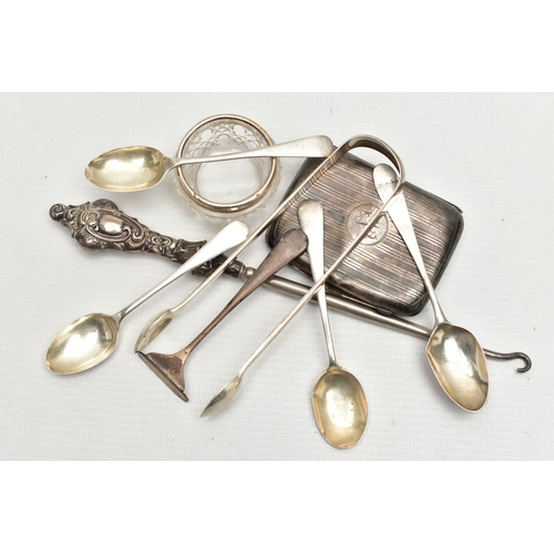 54 - A SELECTION OF SILVER ITEMS, to include an AF silver cigarette case, badly damaged and dented, engin... 