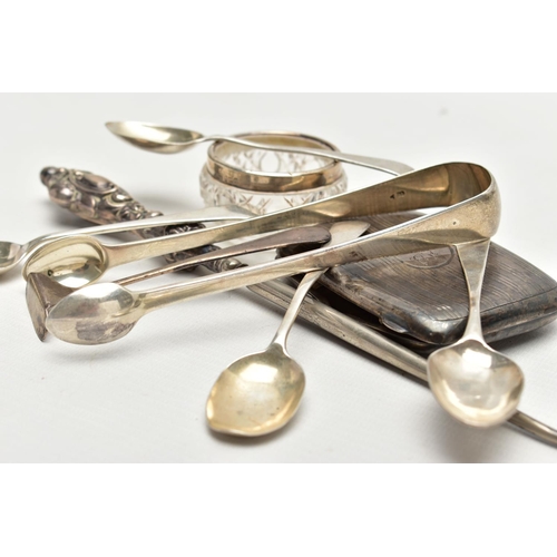 54 - A SELECTION OF SILVER ITEMS, to include an AF silver cigarette case, badly damaged and dented, engin... 