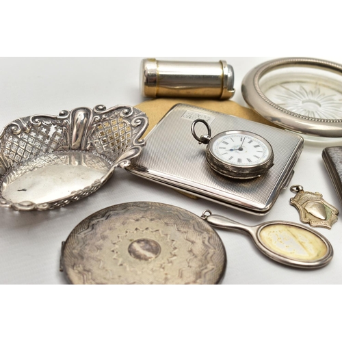 57 - A SILVER BONBON DISH AND OTHER WHITE METAL ITEMS, to include an oval pierced bonbon dish hallmarked ... 