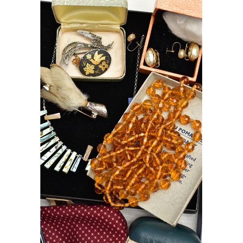 58 - A BOX OF ASSORTED ITEMS, to include a pair of oval imitation pearl clip on earrings, signed to the r... 