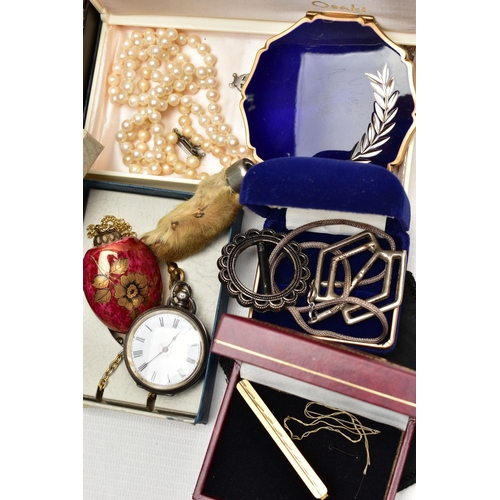 58 - A BOX OF ASSORTED ITEMS, to include a pair of oval imitation pearl clip on earrings, signed to the r... 