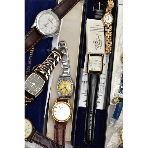 60 - A BOX OF ASSORTED LADIES AND GENTS WRISTWATCHES, mostly quartz movements with names to include 'Inge... 