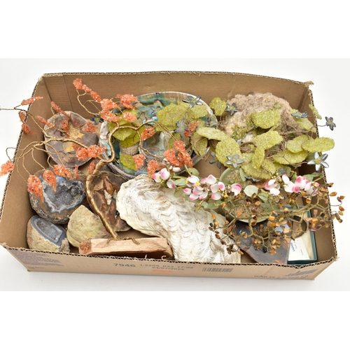 61 - A BOX OF MINERAL SPECIEMENS, to include four semi-precious gemstone set tree ornaments fitted with p... 