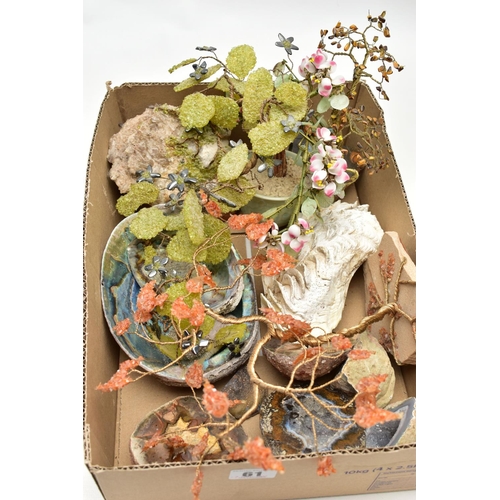 61 - A BOX OF MINERAL SPECIEMENS, to include four semi-precious gemstone set tree ornaments fitted with p... 