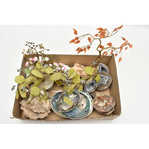 61 - A BOX OF MINERAL SPECIEMENS, to include four semi-precious gemstone set tree ornaments fitted with p... 