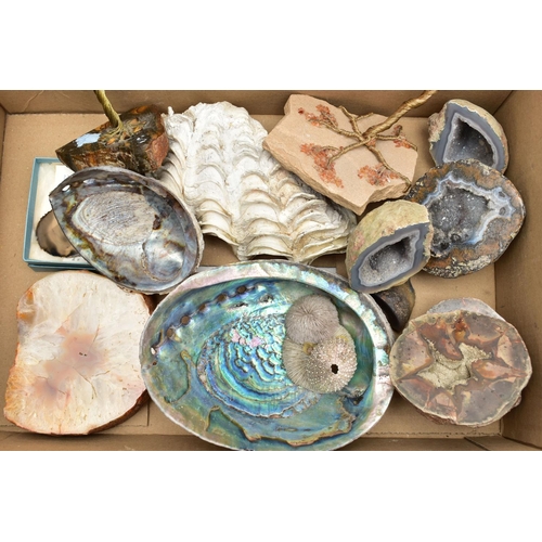 61 - A BOX OF MINERAL SPECIEMENS, to include four semi-precious gemstone set tree ornaments fitted with p... 