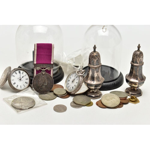 62 - TWO SILVER OPEN FACE POCKET WATCHES WITH STANDS, SILVER PEPPERETTES AND OTHER ITEMS, to include two ... 