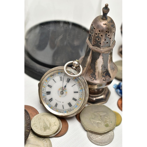 62 - TWO SILVER OPEN FACE POCKET WATCHES WITH STANDS, SILVER PEPPERETTES AND OTHER ITEMS, to include two ... 