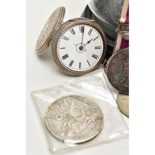 62 - TWO SILVER OPEN FACE POCKET WATCHES WITH STANDS, SILVER PEPPERETTES AND OTHER ITEMS, to include two ... 