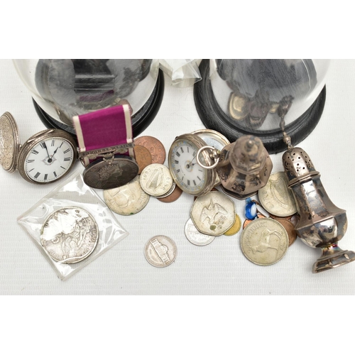 62 - TWO SILVER OPEN FACE POCKET WATCHES WITH STANDS, SILVER PEPPERETTES AND OTHER ITEMS, to include two ... 