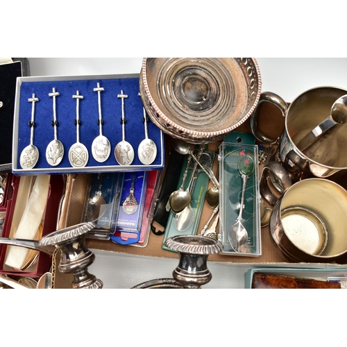 63 - A BOX OF ASSORTED WHITE METAL WARE, to include entree dishes, a cased set EPNS salad servers, six bo... 