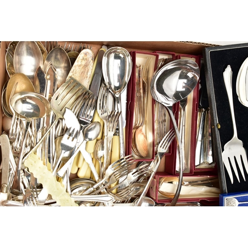 63 - A BOX OF ASSORTED WHITE METAL WARE, to include entree dishes, a cased set EPNS salad servers, six bo... 