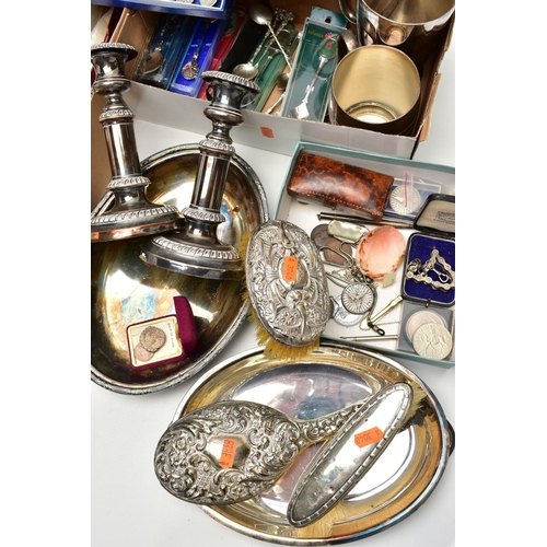 63 - A BOX OF ASSORTED WHITE METAL WARE, to include entree dishes, a cased set EPNS salad servers, six bo... 