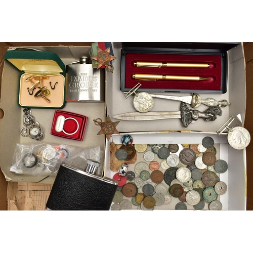 65 - A BOX OF ASSORTED ITEMS, to include two whisky hip flasks, two letter openers, a boxed Francis Coty... 