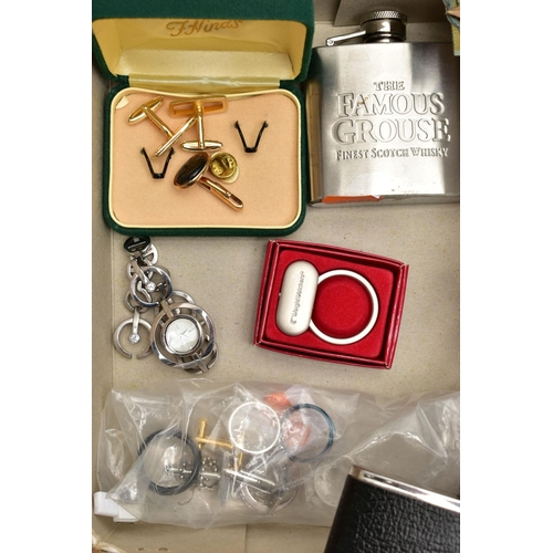 65 - A BOX OF ASSORTED ITEMS, to include two whisky hip flasks, two letter openers, a boxed Francis Coty... 