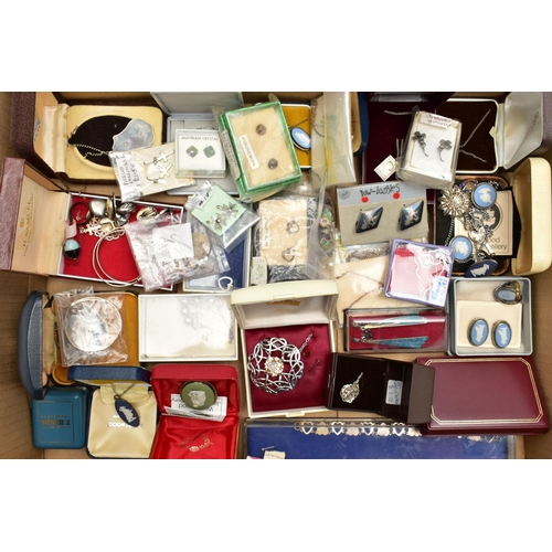 66 - A BOX OF SILVER AND WHITE METAL JEWELLERY, to include various rings, pendant necklaces, earrings, we... 