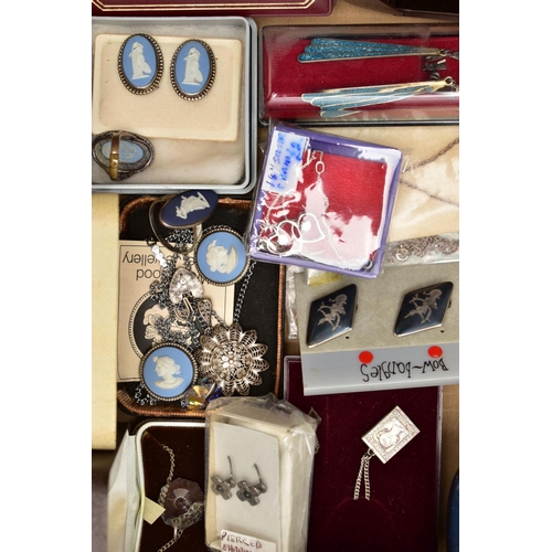 66 - A BOX OF SILVER AND WHITE METAL JEWELLERY, to include various rings, pendant necklaces, earrings, we... 