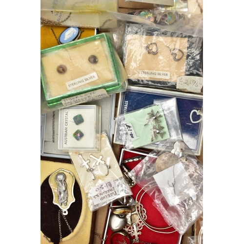 66 - A BOX OF SILVER AND WHITE METAL JEWELLERY, to include various rings, pendant necklaces, earrings, we... 