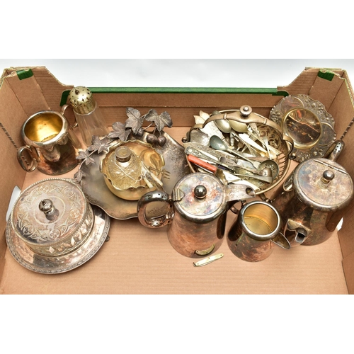 69 - A BOX OF ASSORTED SILVER AND WHITE METAL, to include a silver rimed glass bottle, hallmarked 'Lawren... 