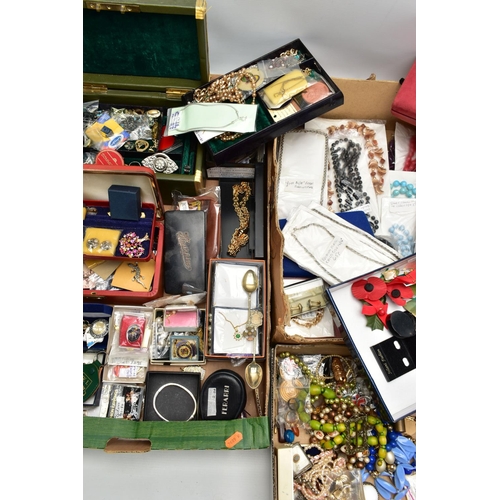 71 - A BOX OF ASSORTED COSTUME JEWELLERY AND ITEMS, to include a 'Robertsons' mascot enamelled pin badge ... 