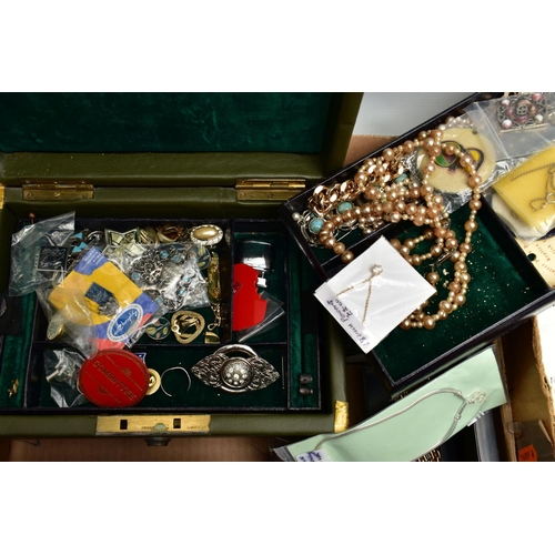 71 - A BOX OF ASSORTED COSTUME JEWELLERY AND ITEMS, to include a 'Robertsons' mascot enamelled pin badge ... 