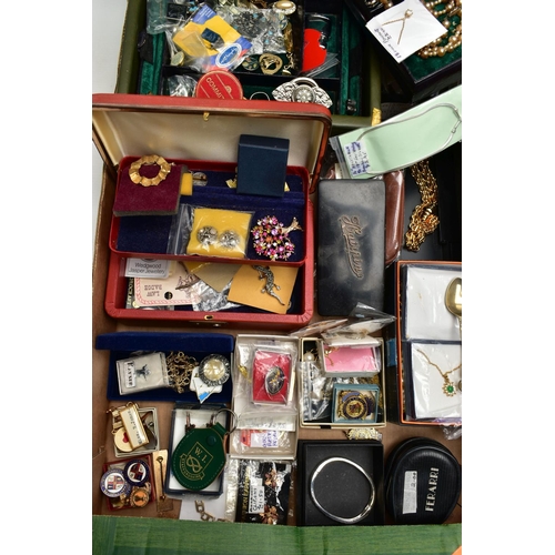 71 - A BOX OF ASSORTED COSTUME JEWELLERY AND ITEMS, to include a 'Robertsons' mascot enamelled pin badge ... 