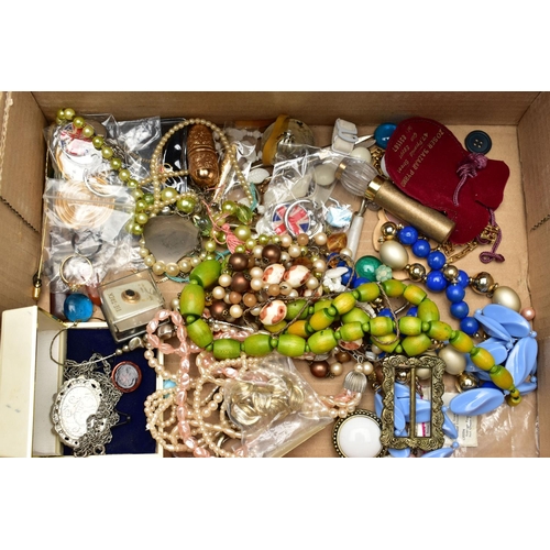 71 - A BOX OF ASSORTED COSTUME JEWELLERY AND ITEMS, to include a 'Robertsons' mascot enamelled pin badge ... 