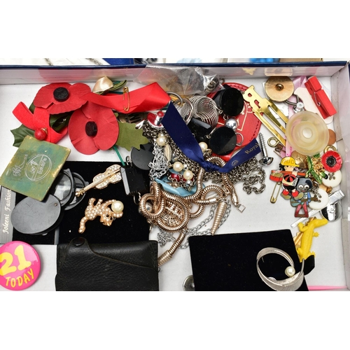 71 - A BOX OF ASSORTED COSTUME JEWELLERY AND ITEMS, to include a 'Robertsons' mascot enamelled pin badge ... 