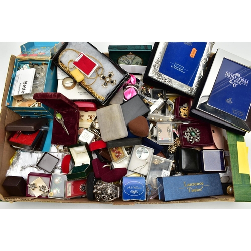 72 - A BOX OF ASSORTED COSTUME JEWELLERY, to include brooches, earrings, rings, pendant necklaces, bangle... 