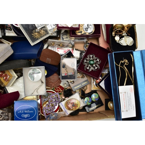 72 - A BOX OF ASSORTED COSTUME JEWELLERY, to include brooches, earrings, rings, pendant necklaces, bangle... 