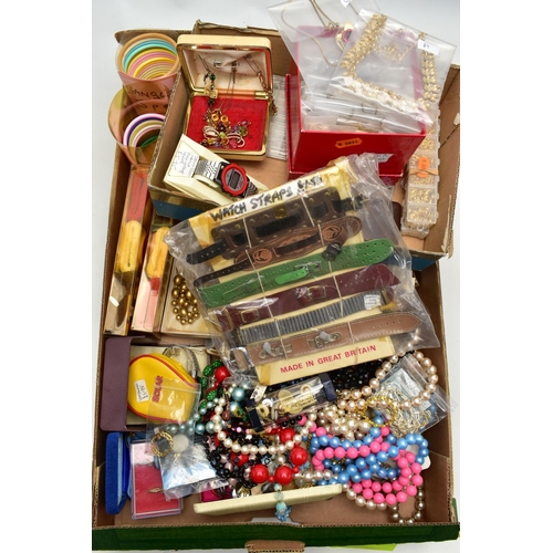 73 - A BOX OF ASSORTED COSTUME JEWELLERY AND ITEMS, to include various beaded necklaces, bracelets, earri... 