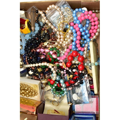 73 - A BOX OF ASSORTED COSTUME JEWELLERY AND ITEMS, to include various beaded necklaces, bracelets, earri... 