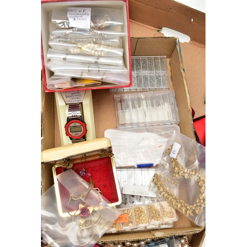 73 - A BOX OF ASSORTED COSTUME JEWELLERY AND ITEMS, to include various beaded necklaces, bracelets, earri... 