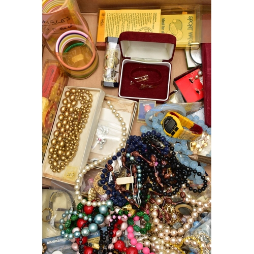 73 - A BOX OF ASSORTED COSTUME JEWELLERY AND ITEMS, to include various beaded necklaces, bracelets, earri... 