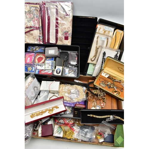 74 - A BOX OF ASSORTED COSTUME JEWELLERY AND ITEMS, to include a boxed 'Zilon' lighter, a folding bakelit... 