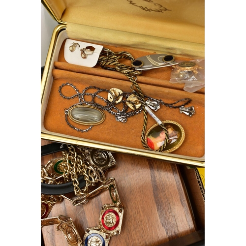 74 - A BOX OF ASSORTED COSTUME JEWELLERY AND ITEMS, to include a boxed 'Zilon' lighter, a folding bakelit... 