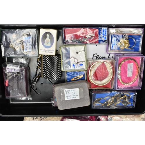 74 - A BOX OF ASSORTED COSTUME JEWELLERY AND ITEMS, to include a boxed 'Zilon' lighter, a folding bakelit... 