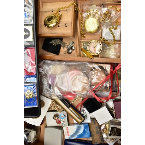 74 - A BOX OF ASSORTED COSTUME JEWELLERY AND ITEMS, to include a boxed 'Zilon' lighter, a folding bakelit... 