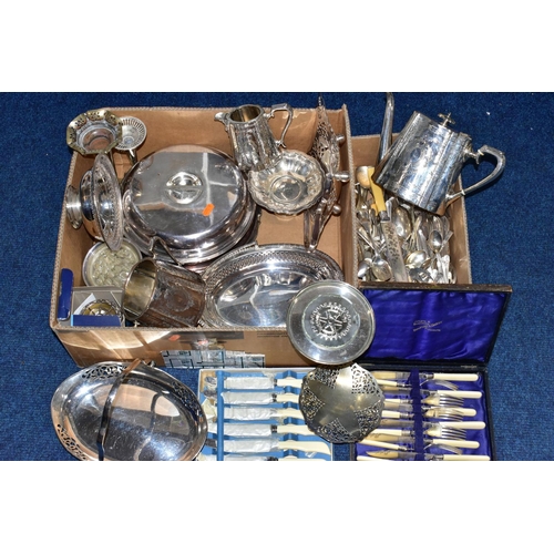 76 - A BOX OF ASSORTED WHITE METAL WARE AND CUTLERY, to include a three piece EP tea service set comprisi... 