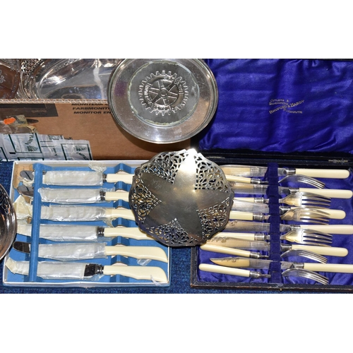 76 - A BOX OF ASSORTED WHITE METAL WARE AND CUTLERY, to include a three piece EP tea service set comprisi... 