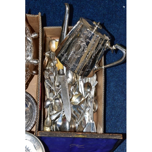 76 - A BOX OF ASSORTED WHITE METAL WARE AND CUTLERY, to include a three piece EP tea service set comprisi... 