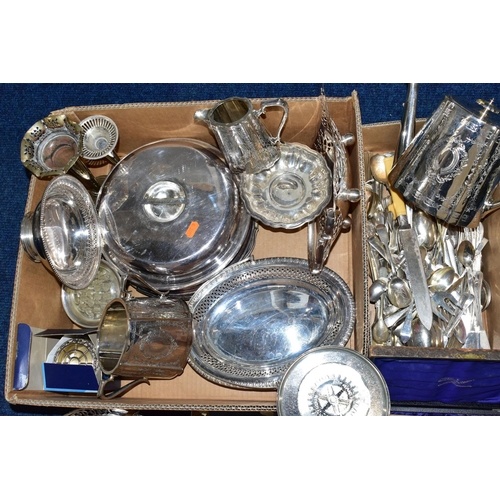 76 - A BOX OF ASSORTED WHITE METAL WARE AND CUTLERY, to include a three piece EP tea service set comprisi... 